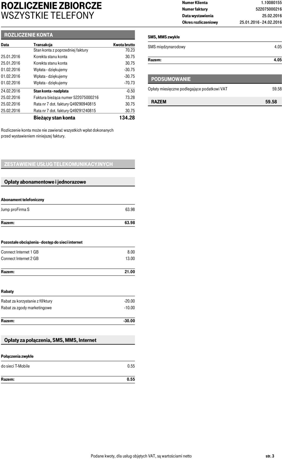28 25.02.2016 Rata nr 7 dot. faktury Q49290940815 30.75 25.02.2016 Rata nr 7 dot. faktury Q49291240815 30.75 Bieżący stan konta 134.28 SMS, MMS zwykłe Numer Klienta 1.10080155 SMS międzynarodowy 4.