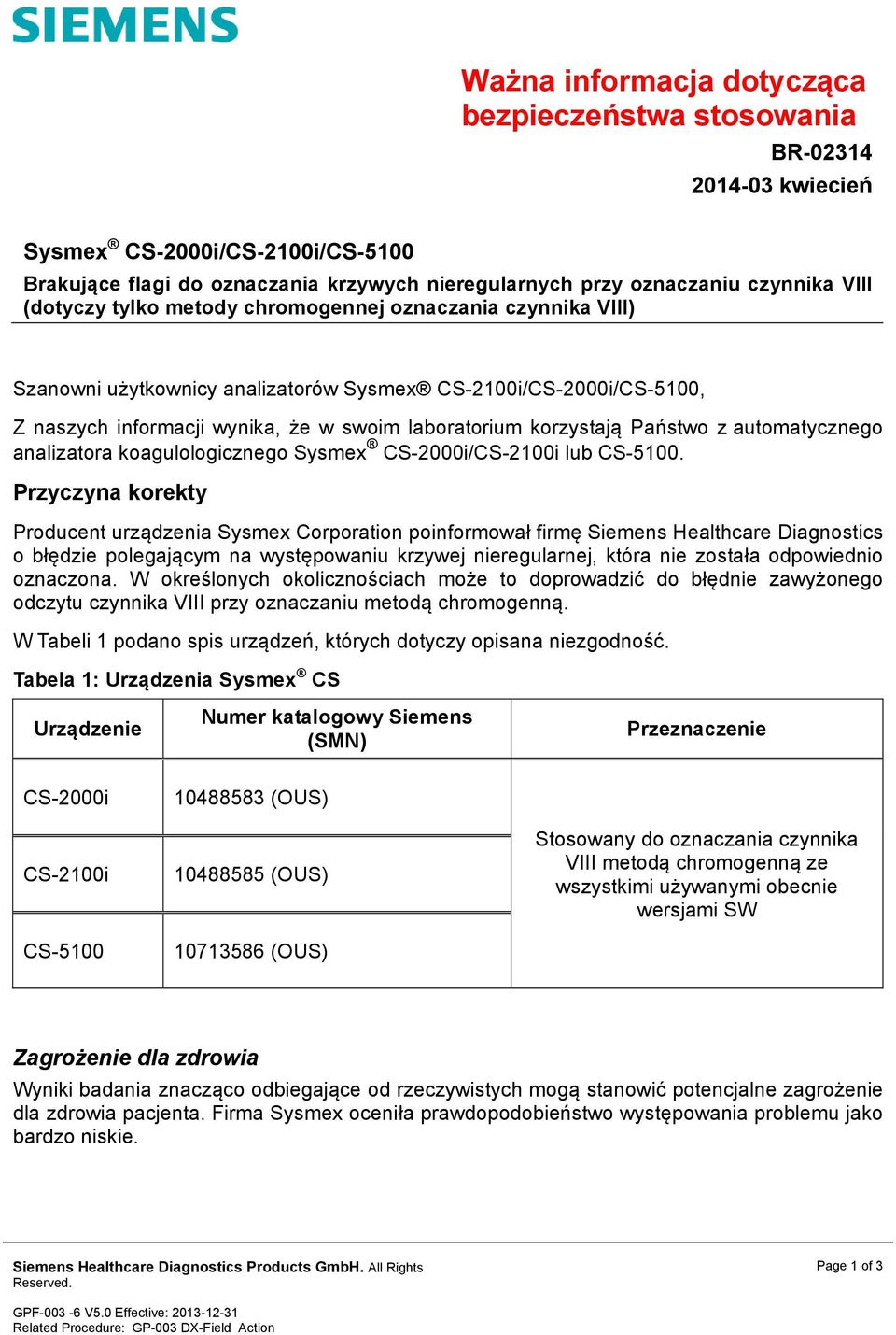 Państwo z automatycznego analizatora koagulologicznego Sysmex CS-2000i/CS-2100i lub CS-5100.