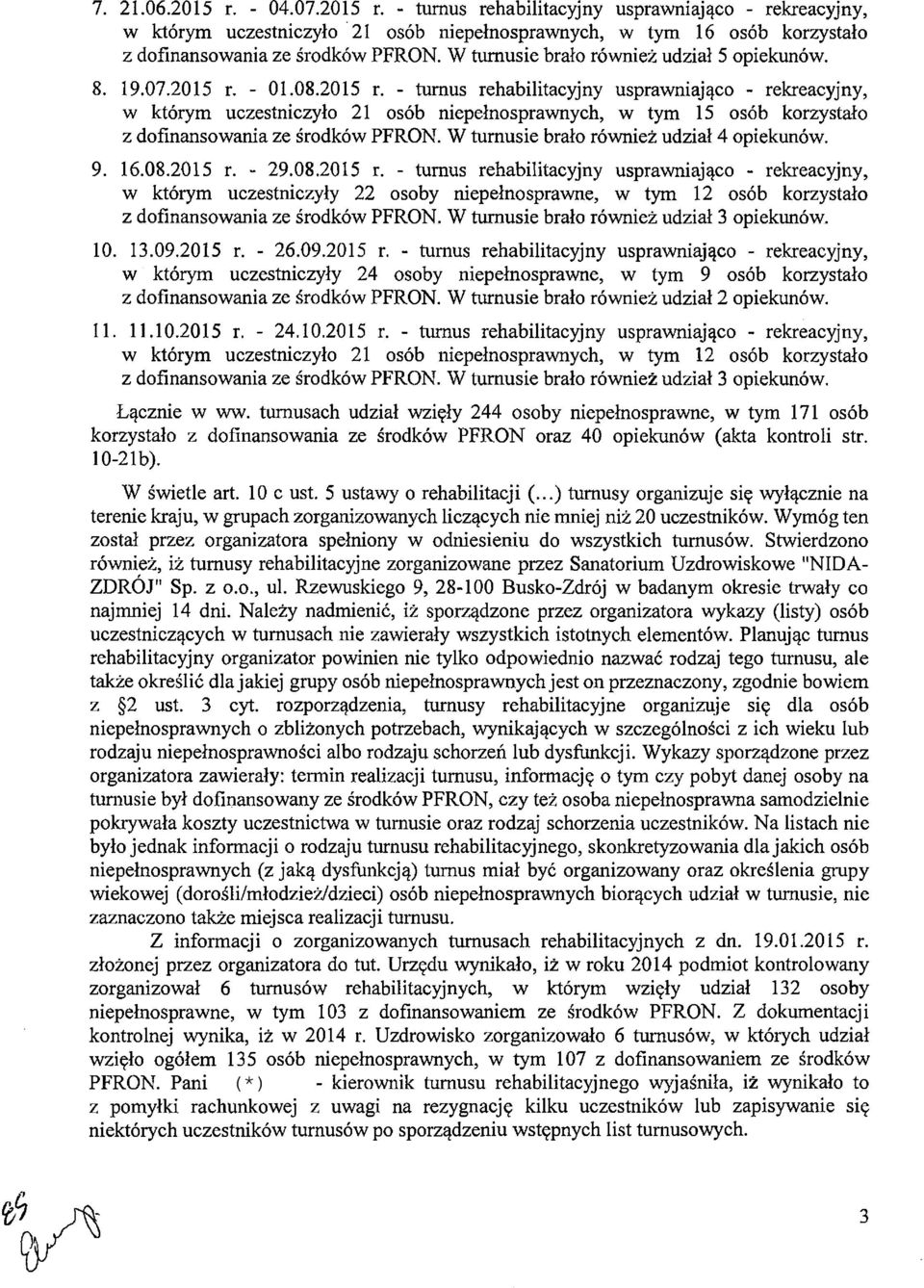 - 01.08.2015 r. - turnus rehabilitacyjny usprawniająco - rekreacyjny, w którym uczestniczyło 21 osób niepełnosprawnych, w tym 15 osób korzystało z dofinansowania ze środków PFRON.