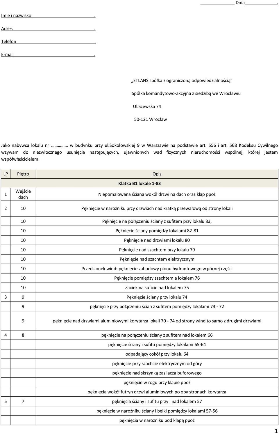 568 Kodeksu Cywilnego wzywam do niezwłocznego usunięcia następujących, ujawnionych wad fizycznych nieruchomości wspólnej, której jestem współwłaścicielem: LP Piętro Opis 1 Wejście dach Klatka B1
