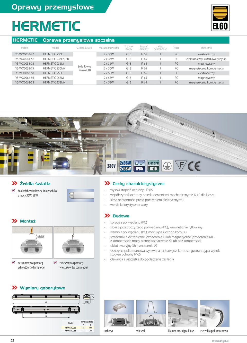 kompensacja liniowa T8 YS-WO0062-60 HERMETIC 258E 2 x 58W G13 IP 65 I PC elektroniczny YS-WO0062-56 HERMETIC 258M 2 x 58W G13 IP 65 I PC magnetyczny YS-WO0062-58 HERMETIC 258MK 2 x 58W G13 IP 65 I PC