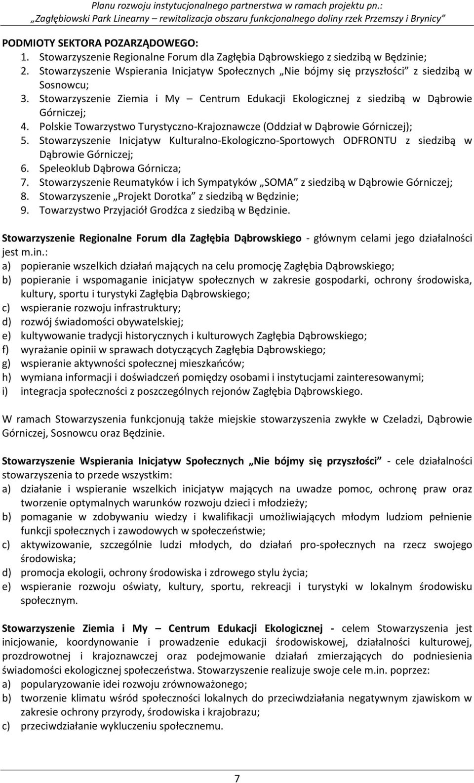 Polskie Towarzystwo Turystyczno-Krajoznawcze (Oddział w Dąbrowie Górniczej); 5. Stowarzyszenie Inicjatyw Kulturalno-Ekologiczno-Sportowych ODFRONTU z siedzibą w Dąbrowie Górniczej; 6.