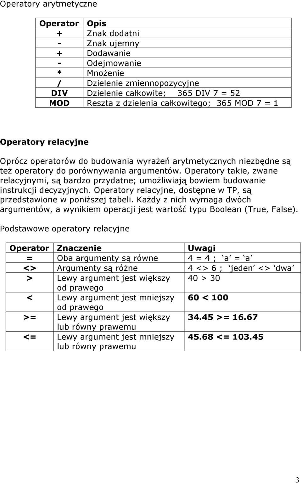 Operatory takie, zwane relacyjnymi, są bardzo przydatne; umożliwiają bowiem budowanie instrukcji decyzyjnych. Operatory relacyjne, dostępne w TP, są przedstawione w poniższej tabeli.