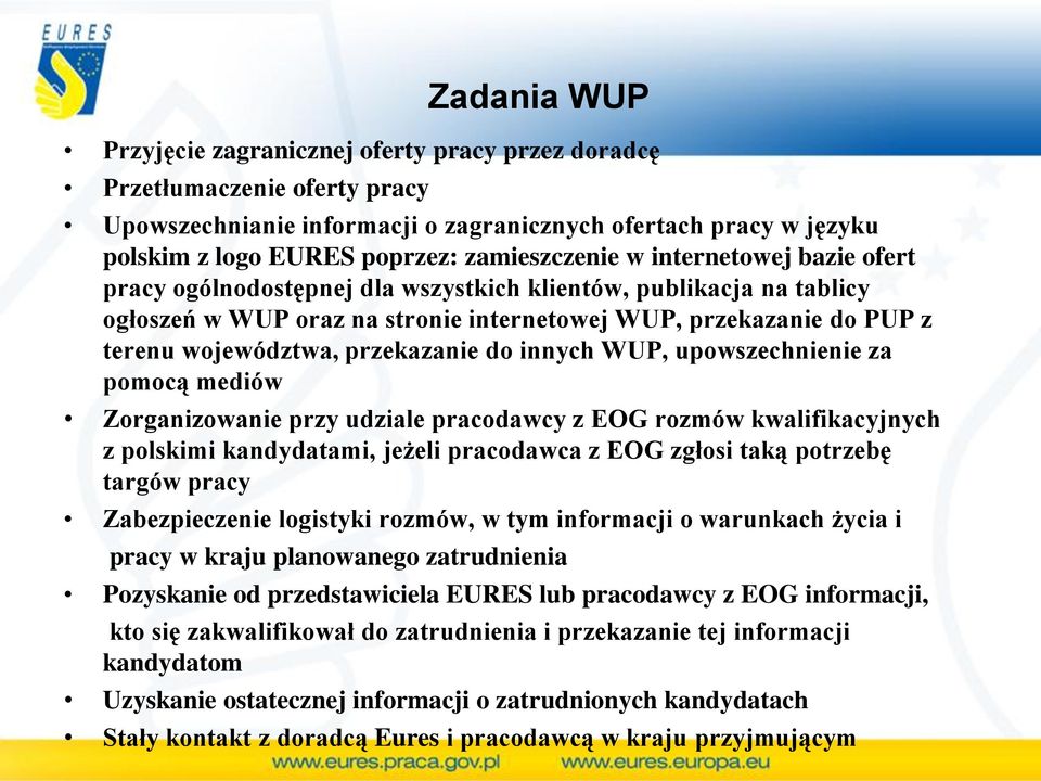 przekazanie do innych WUP, upowszechnienie za pomocą mediów Zorganizowanie przy udziale pracodawcy z EOG rozmów kwalifikacyjnych z polskimi kandydatami, jeżeli pracodawca z EOG zgłosi taką potrzebę