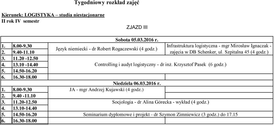 ) Infrastruktura logistyczna - mgr Mirosław Ignaczak - zajęcia w DB Schenker, ul. Szpitalna 45 (4 godz.