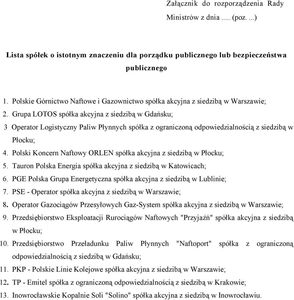 Grupa LOTOS spółka akcyjna z siedzibą w Gdańsku; 3 Operator Logistyczny Paliw Płynnych spółka z ograniczoną odpowiedzialnością z siedzibą w Płocku; 4.