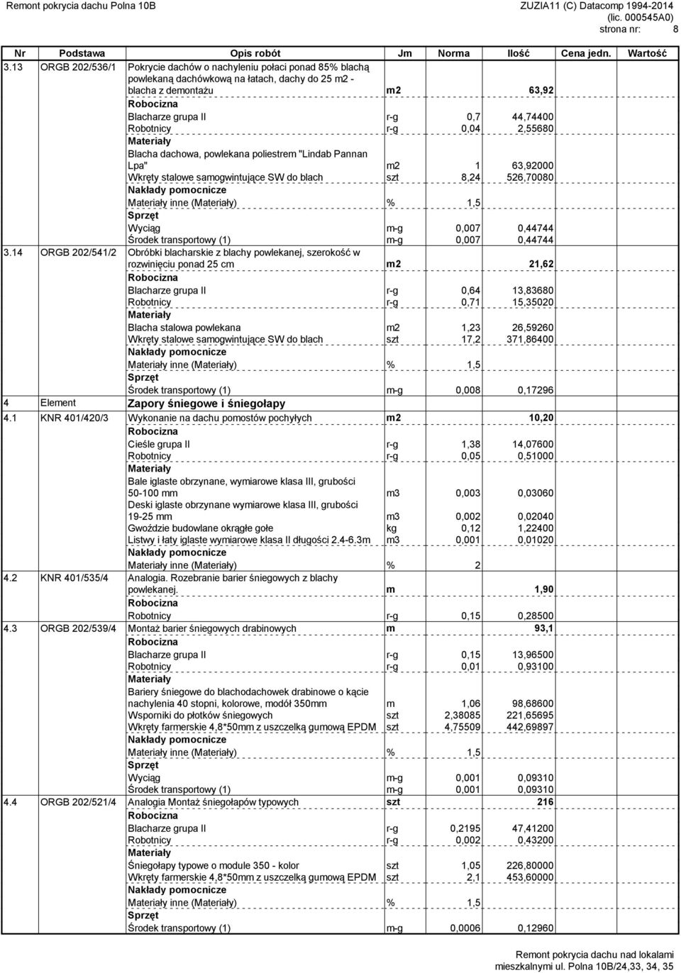 0,04 2,55680 Blacha dachowa, powlekana poliestrem "Lindab Pannan Lpa" m2 1 63,92000 Wkręty stalowe samogwintujące SW do blach szt 8,24 526,70080 inne () % 1,5 Wyciąg m-g 0,007 0,44744 Środek