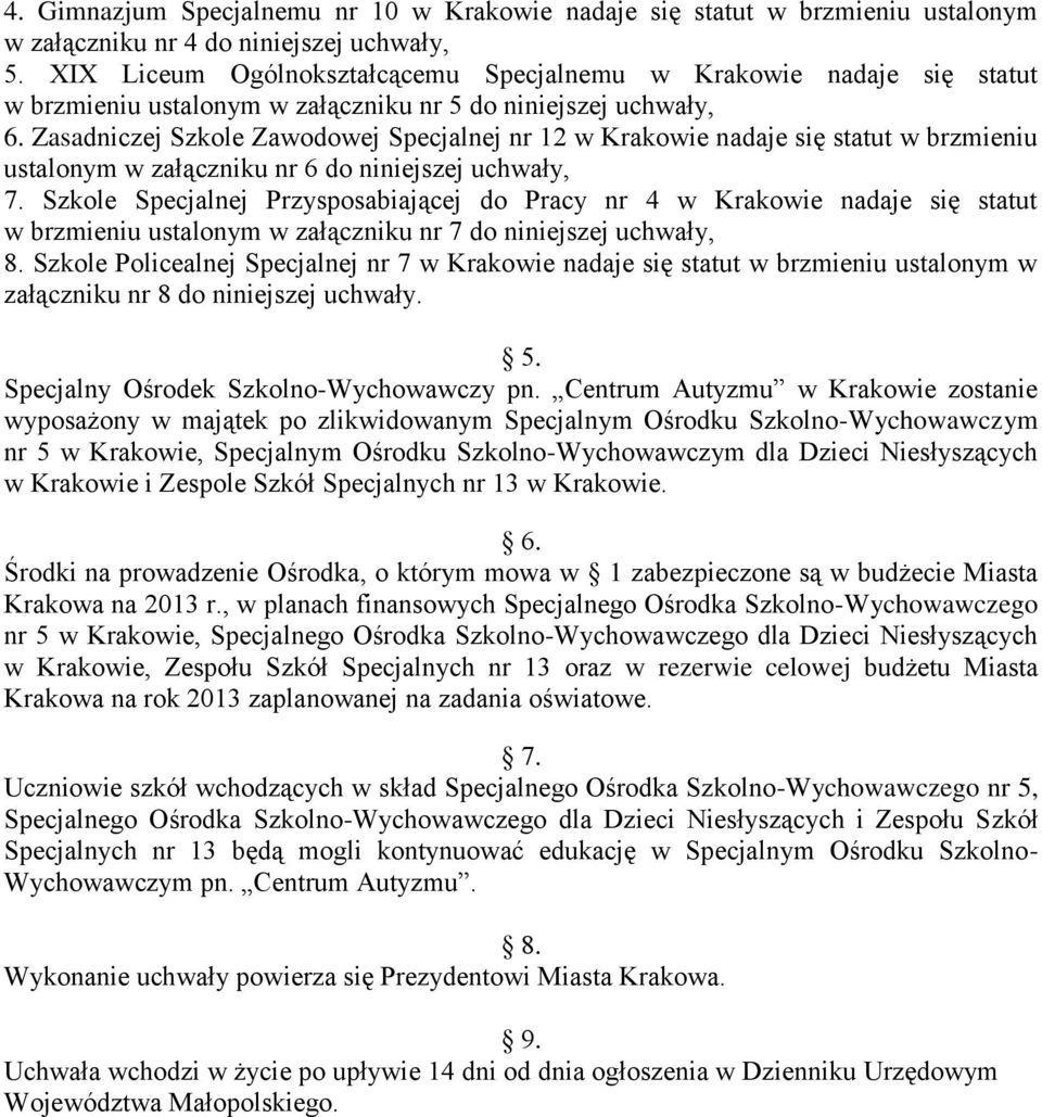 Zasadniczej Szkole Zawodowej Specjalnej nr 12 w Krakowie nadaje się statut w brzmieniu ustalonym w załączniku nr 6 do niniejszej uchwały, 7.