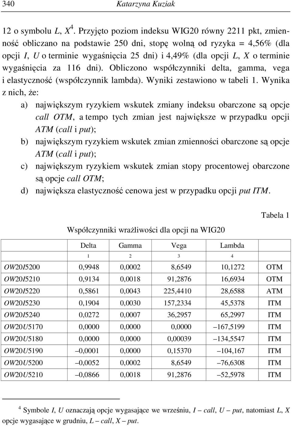 wygaśnięcia za 116 dni). Obliczono współczynniki dela, gamma, vega i elasyczność (współczynnik lambda). Wyniki zesawiono w abeli 1.