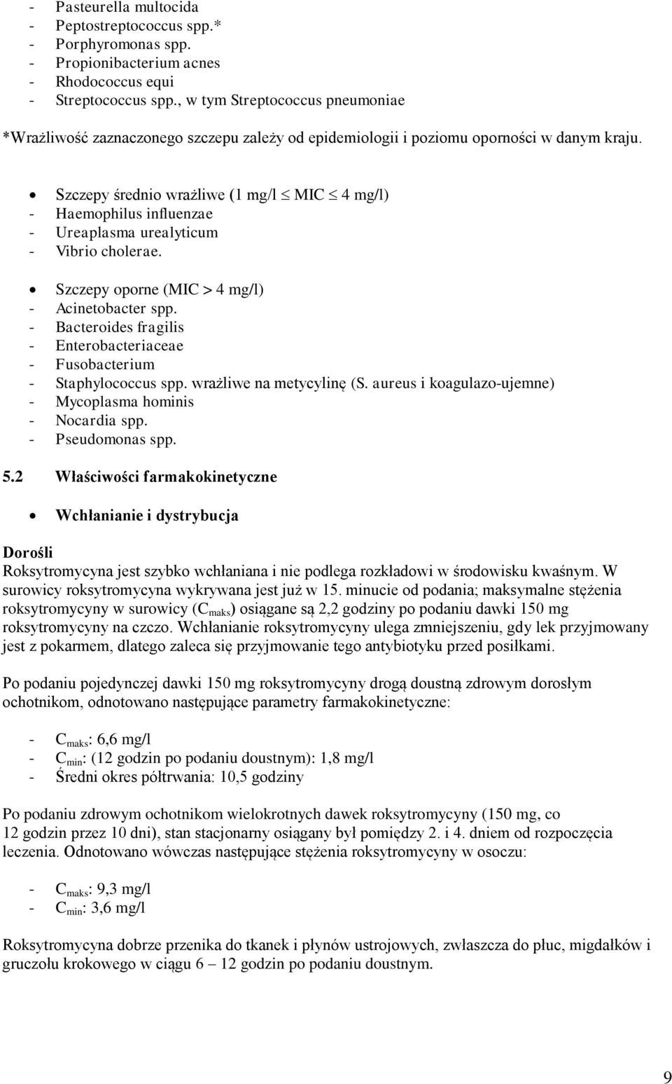 Szczepy średnio wrażliwe (1 mg/l MIC 4 mg/l) - Haemophilus influenzae - Ureaplasma urealyticum - Vibrio cholerae. Szczepy oporne (MIC > 4 mg/l) - Acinetobacter spp.