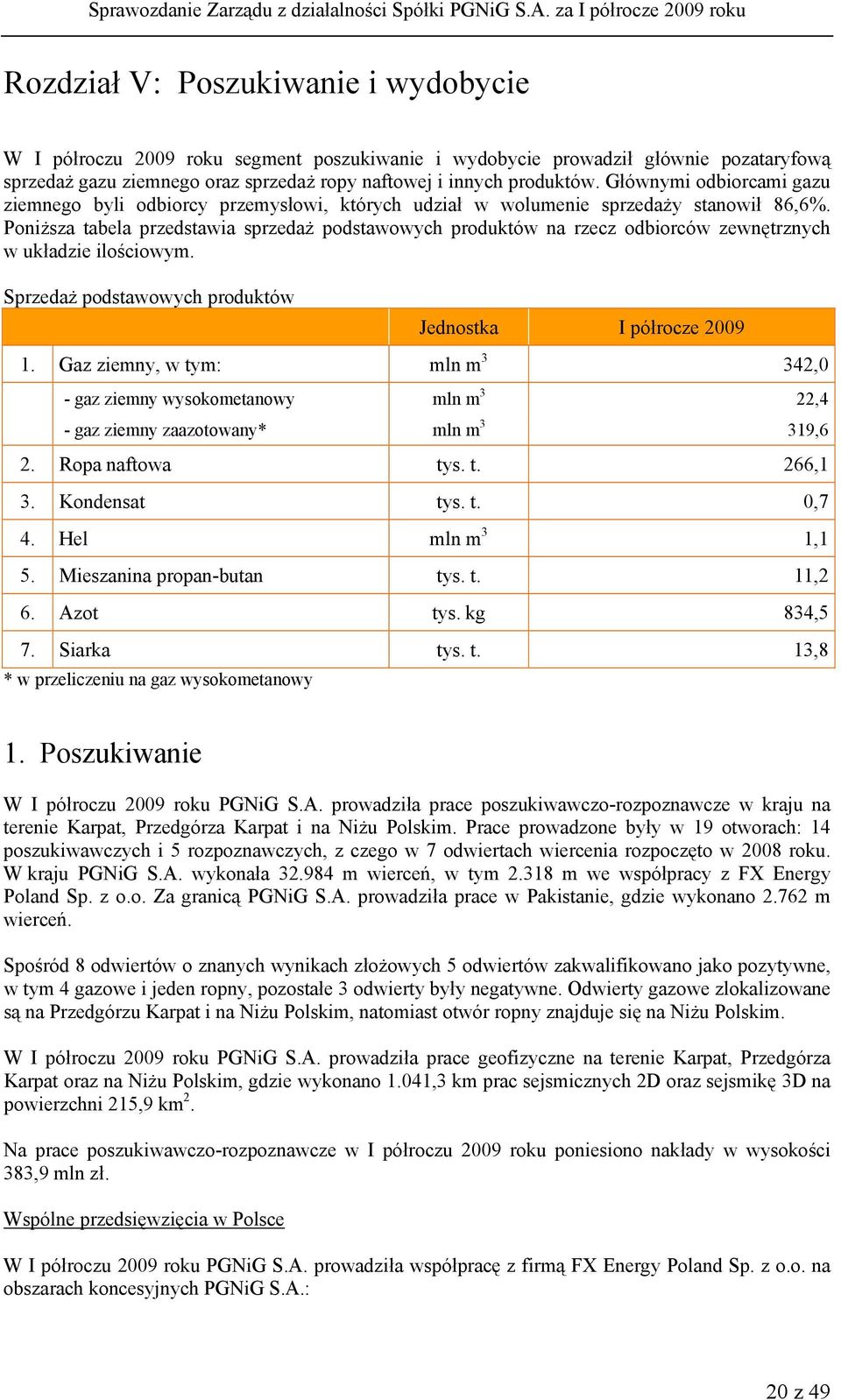 Poniższa tabela przedstawia sprzedaż podstawowych produktów na rzecz odbiorców zewnętrznych w układzie ilościowym. Sprzedaż podstawowych produktów Jednostka I półrocze 2009 1.