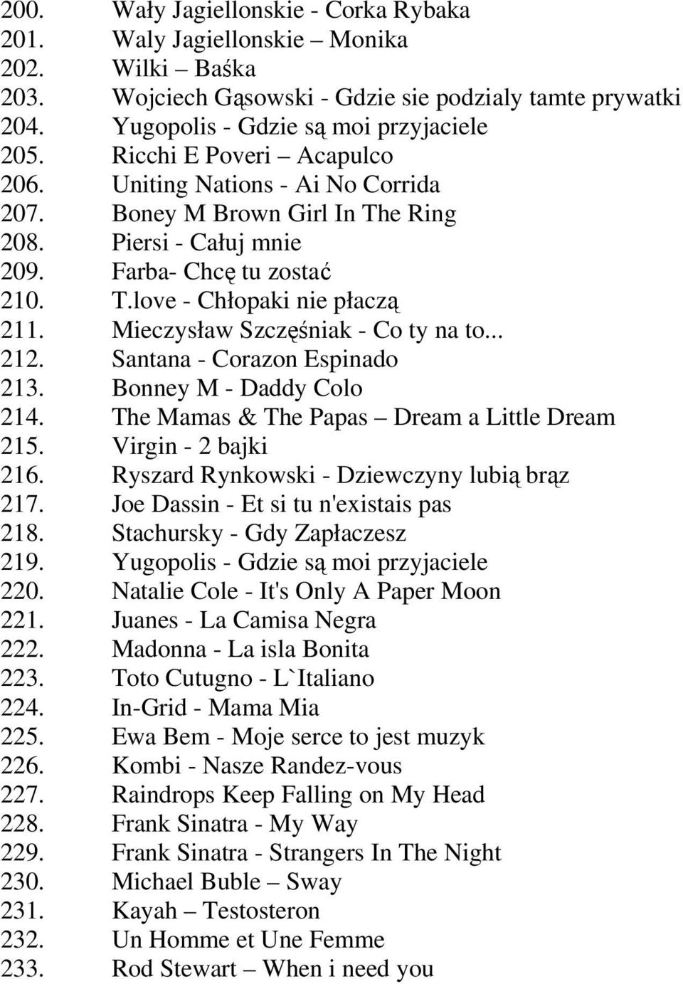 Mieczysław Szczęśniak - Co ty na to... 212. Santana - Corazon Espinado 213. Bonney M - Daddy Colo 214. The Mamas & The Papas Dream a Little Dream 215. Virgin - 2 bajki 216.