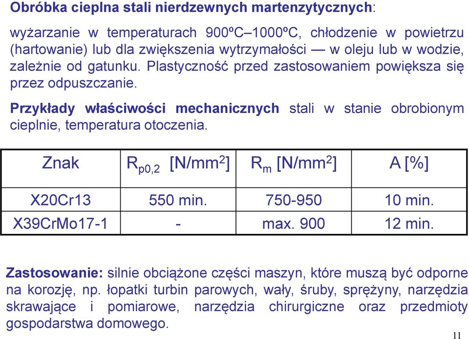 Przykłady właściwości mechanicznych stali w stanie obrobionym cieplnie, temperatura otoczenia. Znak R p0,2 [N/mm 2 ] R m [N/mm 2 ] A [%] X20Cr13 550 min. 750-950 10 min.