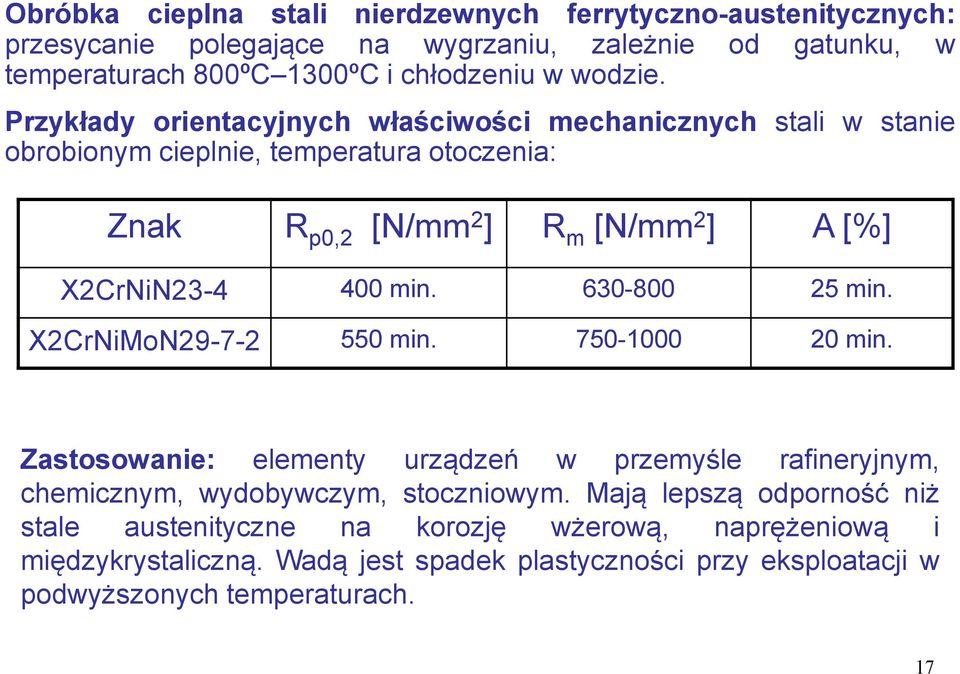 Przykłady orientacyjnych właściwości mechanicznych stali w stanie obrobionym cieplnie, temperatura otoczenia: Znak R p0,2 [N/mm 2 ] R m [N/mm 2 ] A [%] X2CrNiN23-4 400