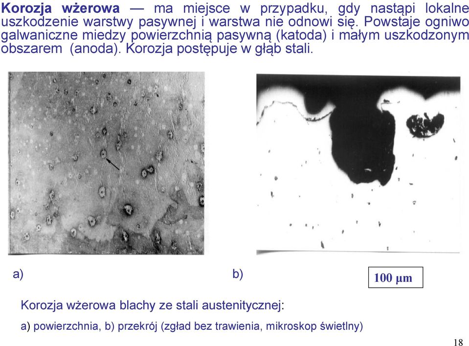 Powstaje ogniwo galwaniczne miedzy powierzchnią pasywną (katoda) i małym uszkodzonym obszarem