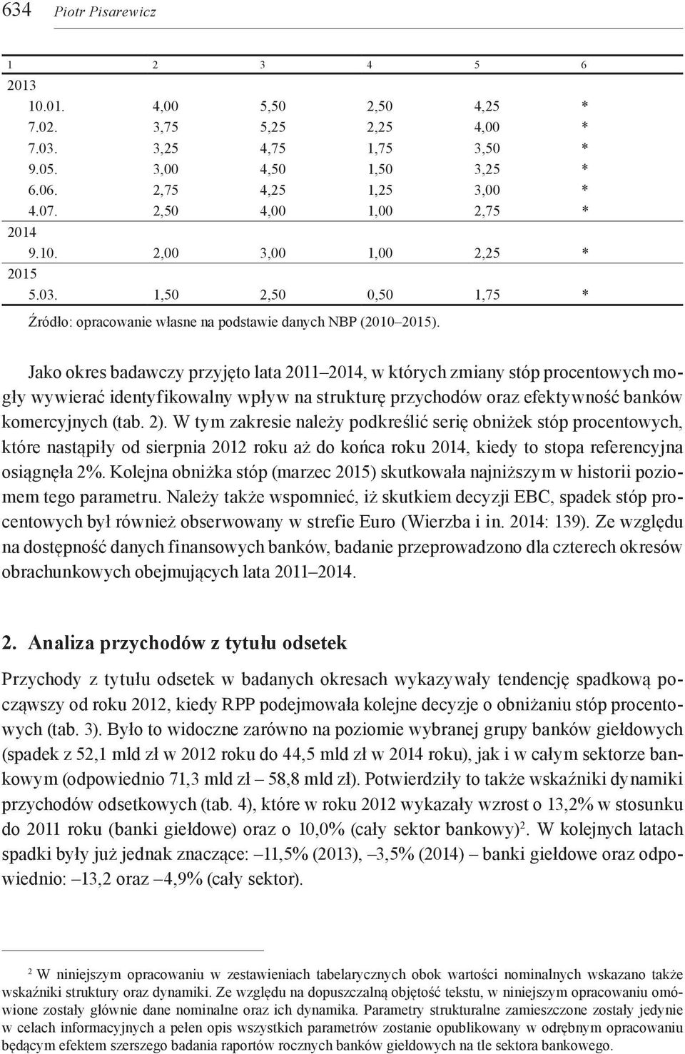 Jako okres badawczy przyjęto lata 2011 2014, w których zmiany stóp procentowych mogły wywierać identyfikowalny wpływ na strukturę przychodów oraz efektywność banków komercyjnych (tab. 2).