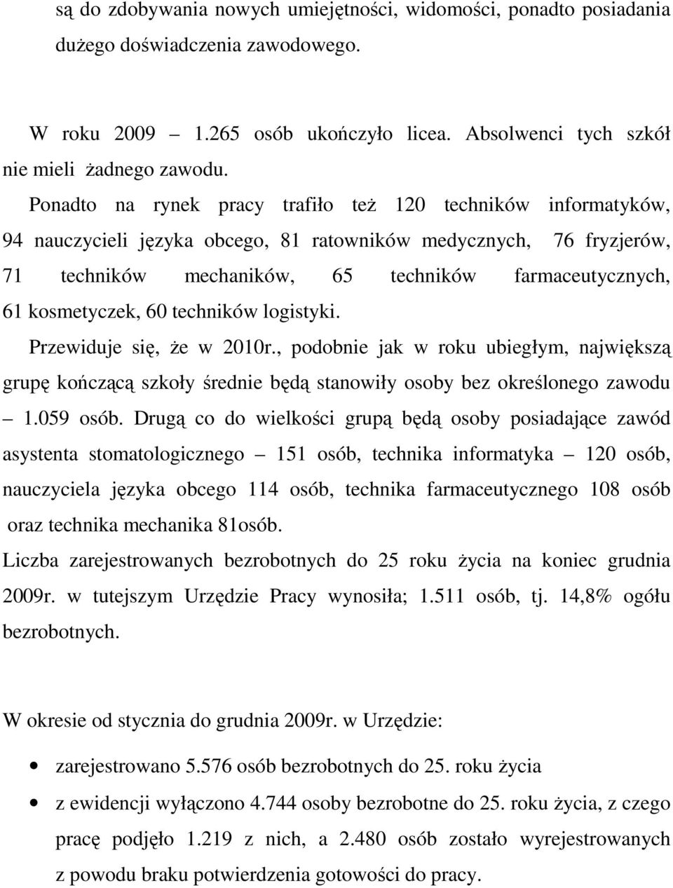 kosmetyczek, 60 techników logistyki. Przewiduje się, Ŝe w 2010r., podobnie jak w roku ubiegłym, największą grupę kończącą szkoły średnie będą stanowiły osoby bez określonego zawodu 1.059 osób.