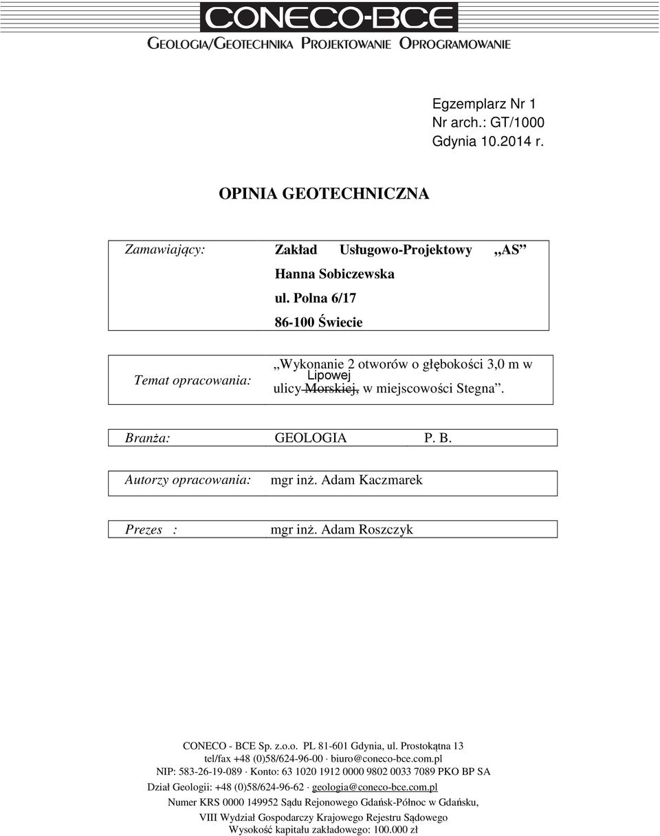 Adam Kaczmarek Prezes : mgr inż. Adam Roszczyk CONECO - BCE Sp. z.o.o. PL 81-601 Gdynia, ul. Prostokątna 13 tel/fax +48 (0)58/624-96-00 biuro@coneco-bce.com.