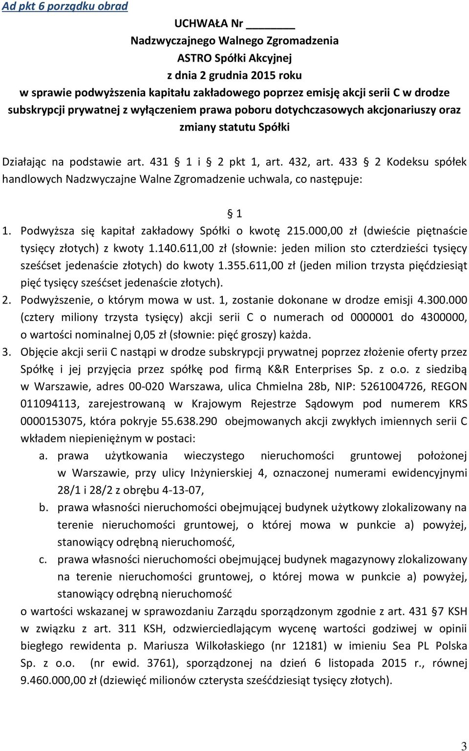 Podwyższa się kapitał zakładowy Spółki o kwotę 215.000,00 zł (dwieście piętnaście tysięcy złotych) z kwoty 1.140.