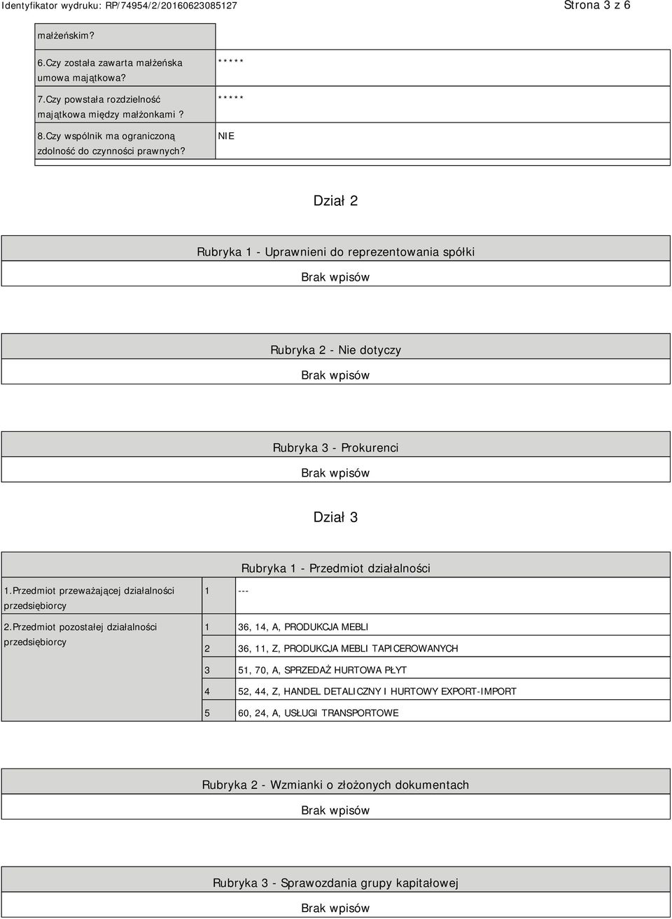 Dział 2 Rubryka 1 - Uprawnieni do reprezentowania spółki Rubryka 2 - Nie dotyczy Rubryka 3 - Prokurenci Dział 3 Rubryka 1 - Przedmiot działalności 1.