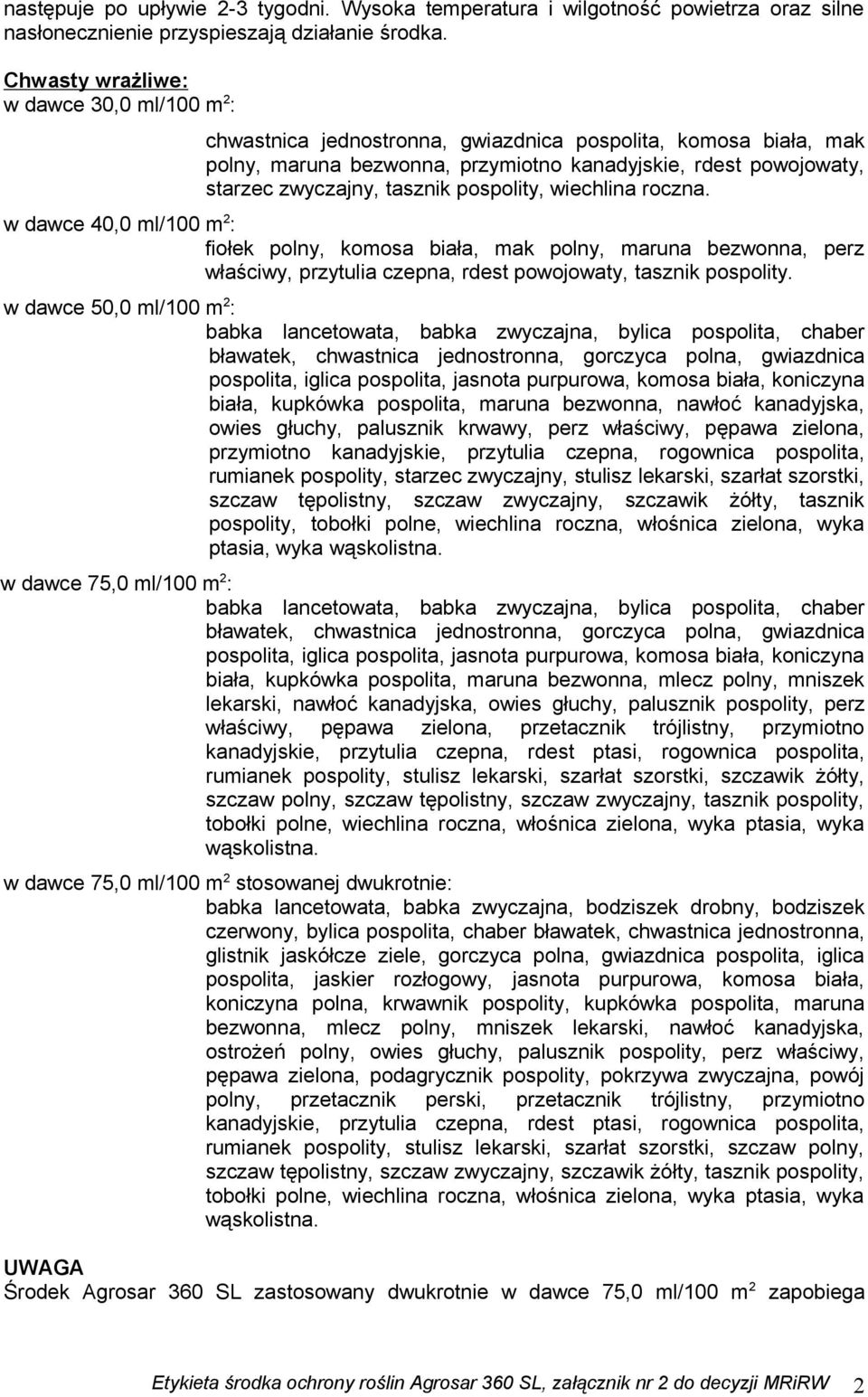 tasznik pospolity, wiechlina roczna. w dawce 40,0 ml/100 m 2 : fiołek polny, komosa biała, mak polny, maruna bezwonna, perz właściwy, przytulia czepna, rdest powojowaty, tasznik pospolity.