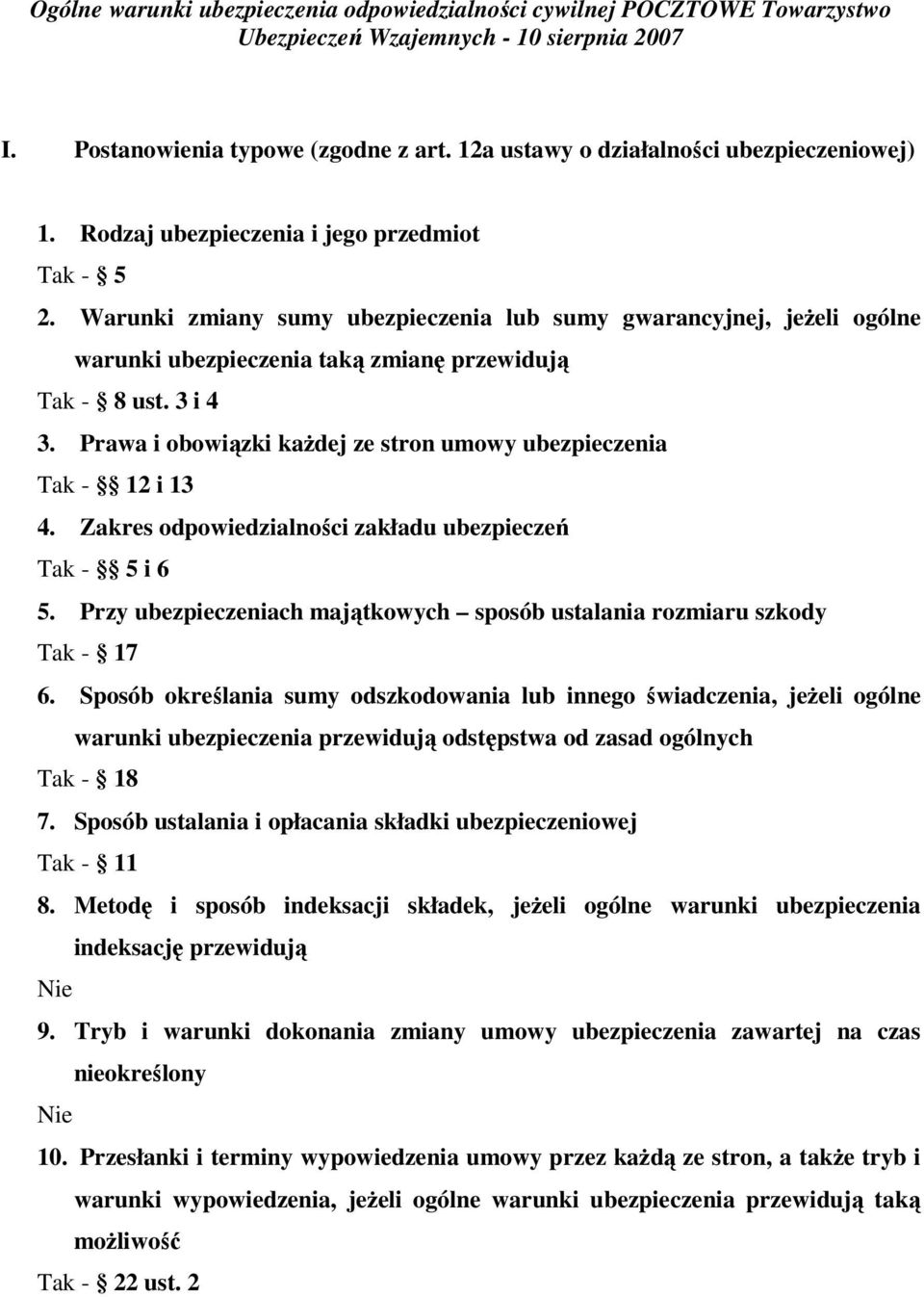 Warunki zmiany sumy ubezpieczenia lub sumy gwarancyjnej, jeżeli ogólne warunki ubezpieczenia taką zmianę przewidują Tak - 8 ust. 3 i 4 3.