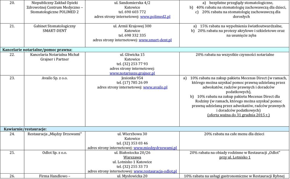 pl a) bezpłatne przeglądy stomatologiczne, b) 40% rabatu na stomatologię zachowawczą dla dzieci, c) 20% rabatu na stomatologię zachowawczą dla dorosłych a) 15% rabatu na wypełnienia