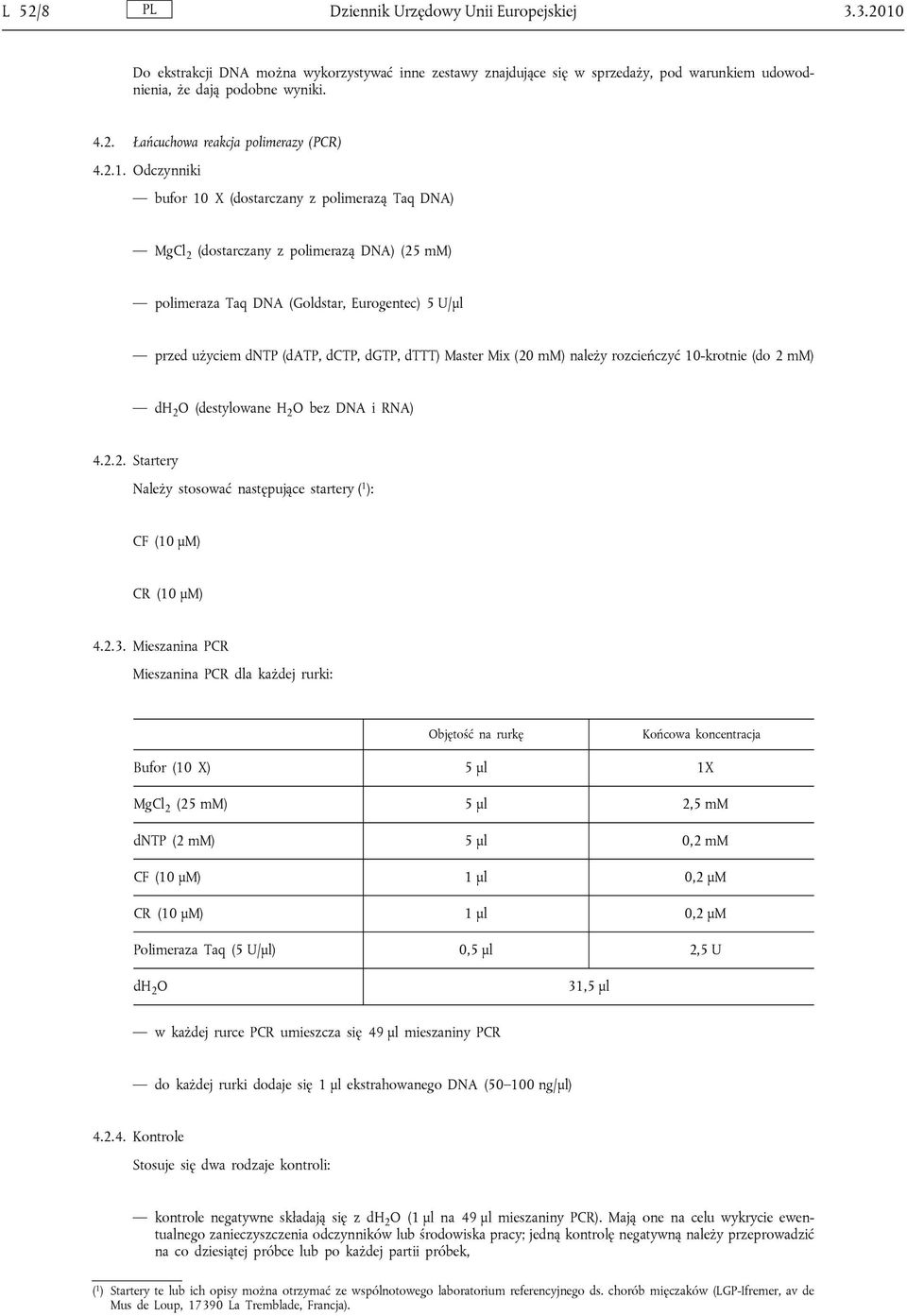 dttt) Master Mix (20 mm) należy rozcieńczyć 10-krotnie (do 2 mm) dh 2 O (destylowane H 2 O bez DNA i RNA) 4.2.2. Startery Należy stosować następujące startery ( 1 ): CF (10 μm) CR (10 μm) 4.2.3.