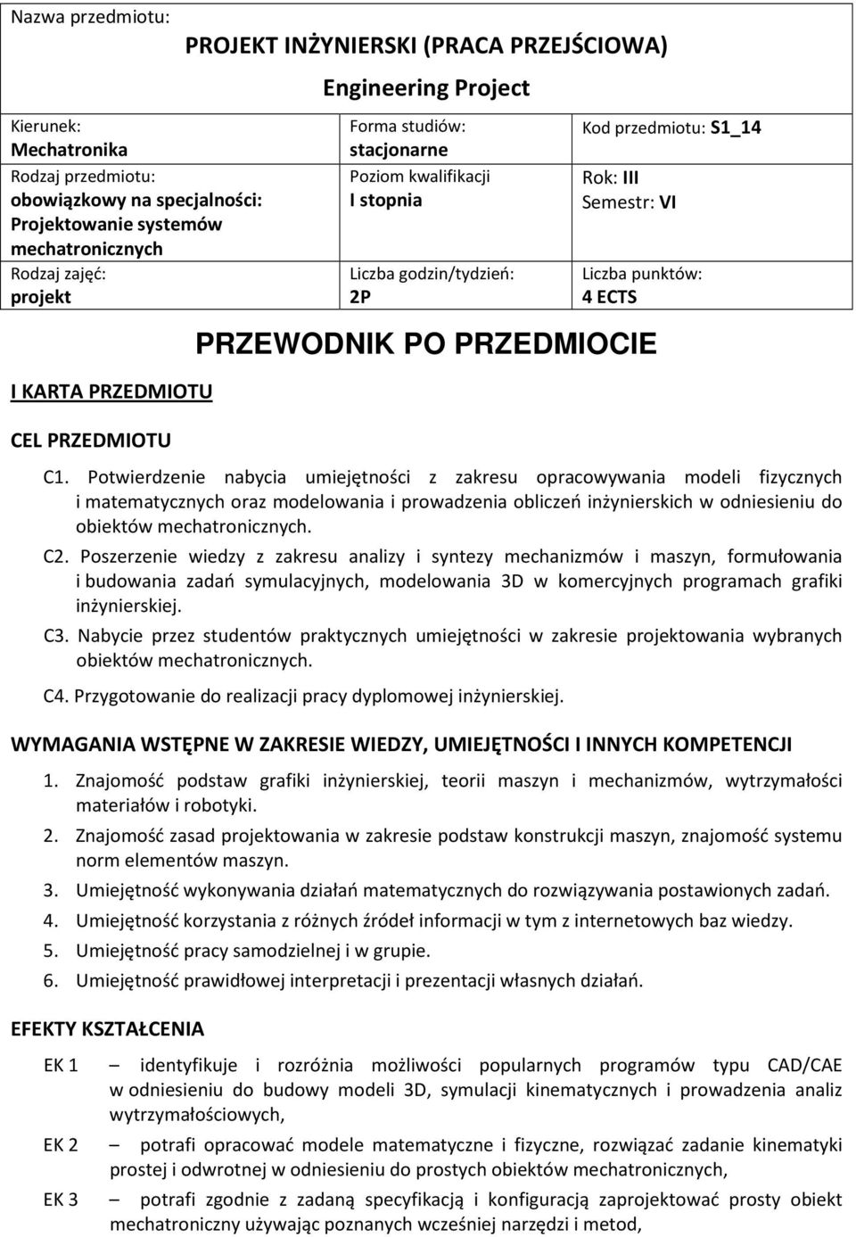 ECTS PRZEWODNIK PO PRZEDMIOCIE C1.