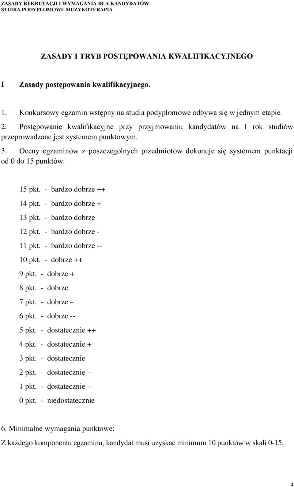 Oceny egzaminów z poszczególnych przedmiotów dokonuje się systemem punktacji od 0 do 15 punktów: 15 pkt. - bardzo dobrze ++ 14 pkt. - bardzo dobrze + 13 pkt. - bardzo dobrze 12 pkt.