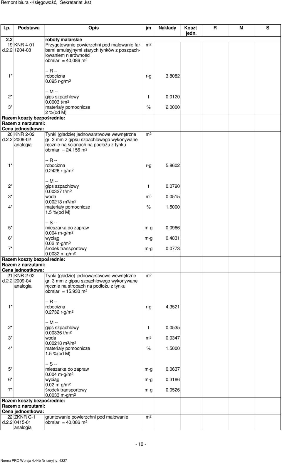 2426 r-g/ r-g 5.8602 t 0.0790 m 3 0.0515 2* gips szpachlowy 0.00327 t/ 3* woda 0.00213 m 3 / 4* materiały pomocnicze m-g 0.0966 m-g 0.4831 m-g 0.0773 5* mieszarka do zapraw 0.004 m-g/ 6* wyciąg 0.