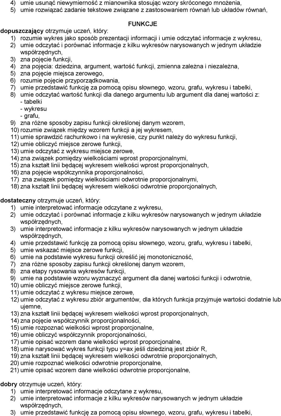 współrzędnych, 3) zna pojęcie funkcji, 4) zna pojęcia: dziedzina, argument, wartość funkcji, zmienna zależna i niezależna, 5) zna pojęcie miejsca zerowego, 6) rozumie pojęcie przyporządkowania, 7)