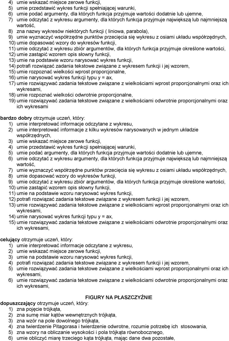 się wykresu z osiami układu współrzędnych, 10) umie dopasować wzory do wykresów funkcji, 11) umie odczytać z wykresu zbiór argumentów, dla których funkcja przyjmuje określone wartości, 12) umie