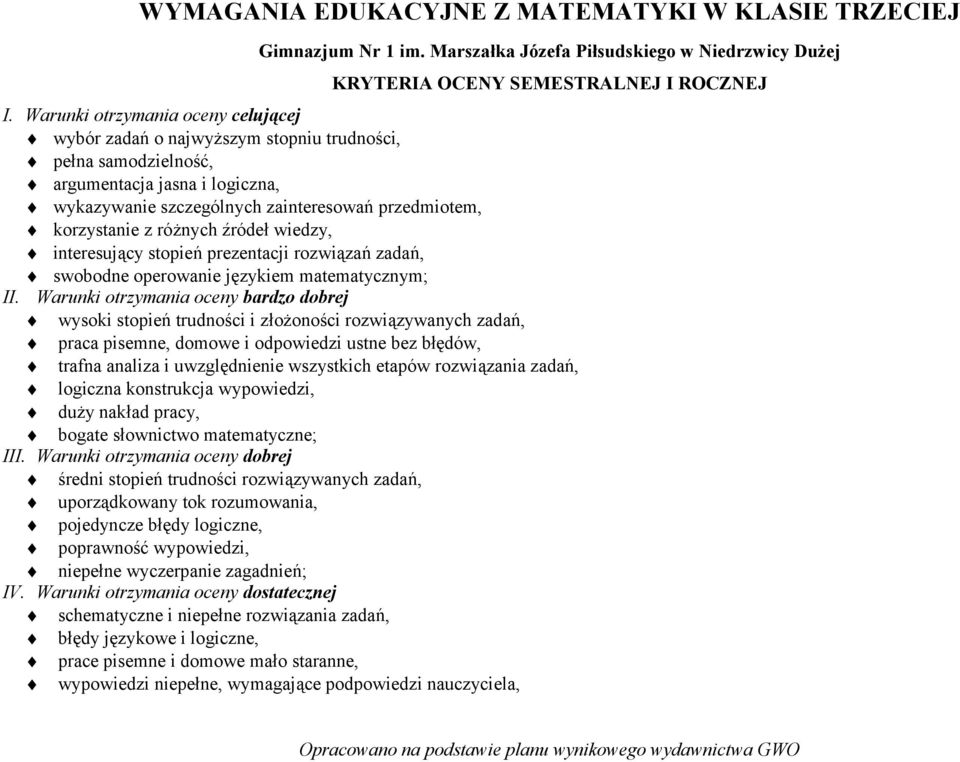 różnych źródeł wiedzy, interesujący stopień prezentacji rozwiązań zadań, swobodne operowanie językiem matematycznym; II.