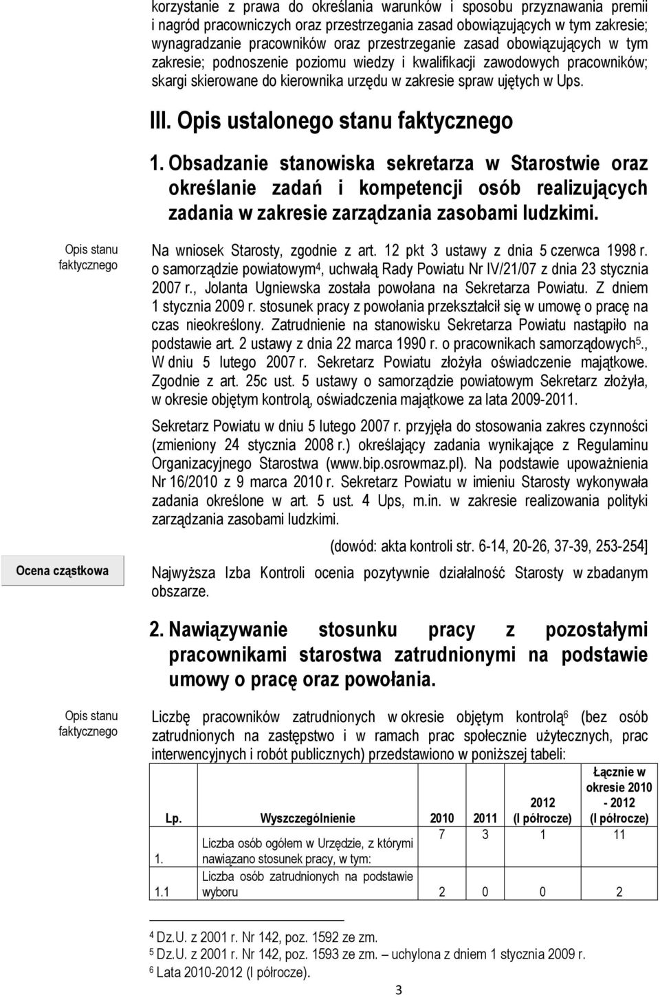 Opis ustalonego stanu faktycznego 1. Obsadzanie stanowiska sekretarza w Starostwie oraz określanie zadań i kompetencji osób realizujących zadania w zakresie zarządzania zasobami ludzkimi.