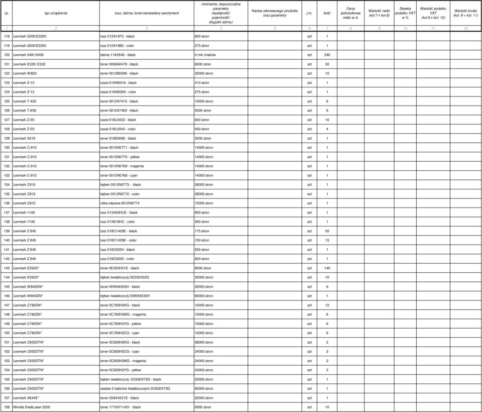 010N0026 - color 275 stron szt 1 125 Lexmark T-420 toner 0012A7415 - black 10000 stron szt 6 126 Lexmark T-630 toner 0012A7460 - black 5000 stron szt 6 127 Lexmark Z-55 tusze 018L0032 - black 600