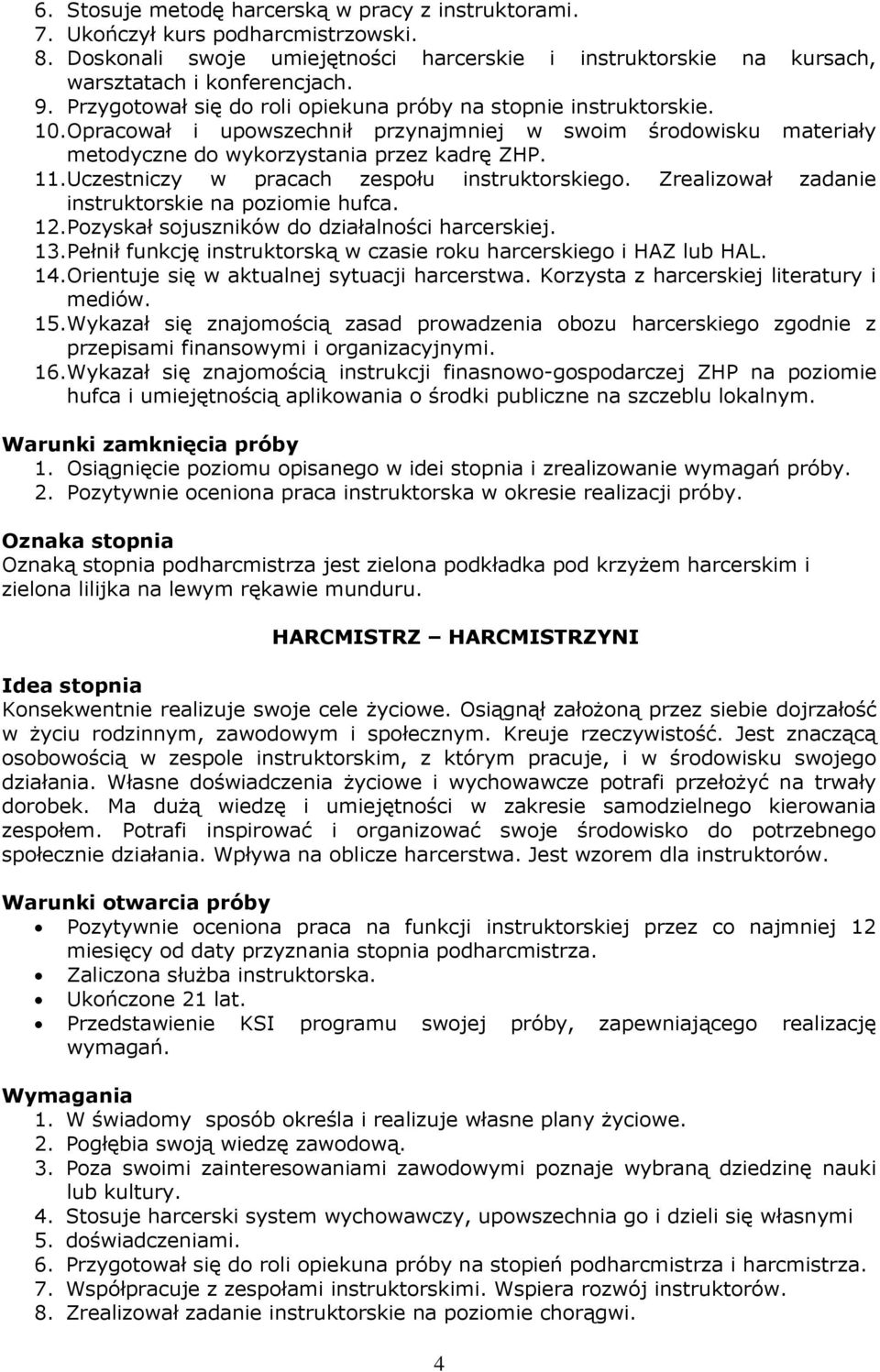 Uczestniczy w pracach zespołu instruktorskiego. Zrealizował zadanie instruktorskie na poziomie hufca. 12.Pozyskał sojuszników do działalności harcerskiej. 13.