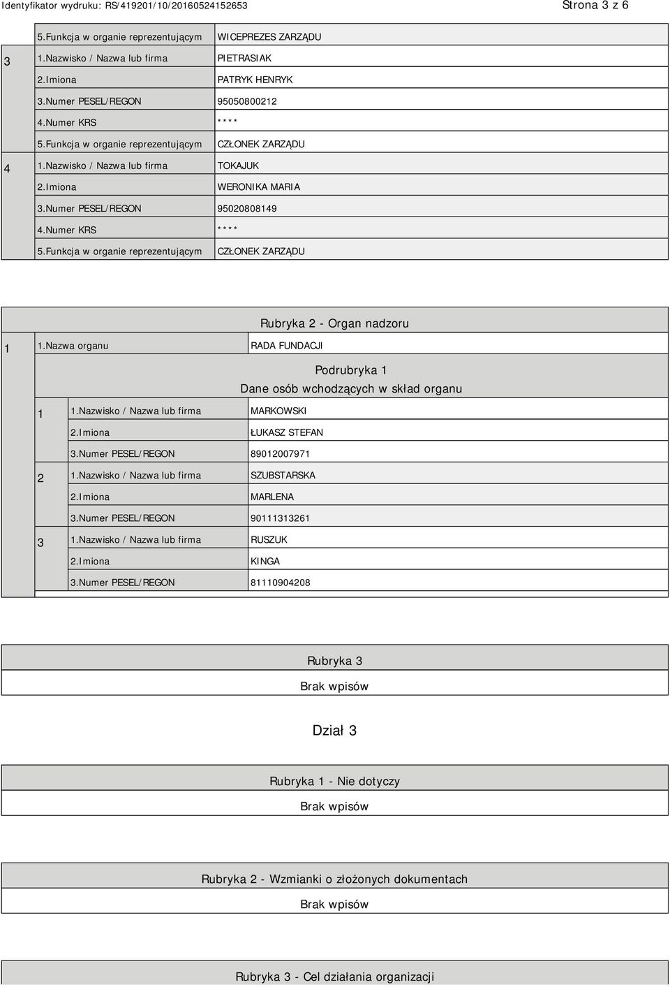 Nazwa organu RADA FUNDACJI Podrubryka 1 Dane osób wchodzących w skład organu 1 1.Nazwisko / Nazwa lub firma MARKOWSKI ŁUKASZ STEFAN 3.Numer PESEL/REGON 89012007971 2 1.