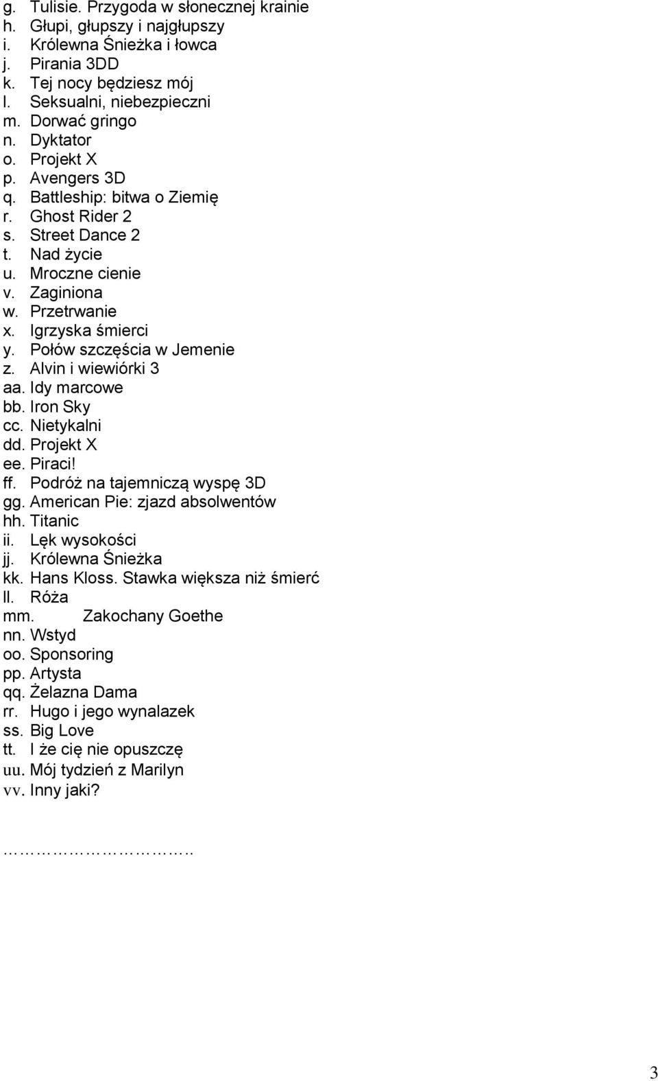 Alvin i wiewiórki 3 aa. Idy marcowe bb. Iron Sky cc. Nietykalni dd. Projekt X ee. Piraci! ff. Podróż na tajemniczą wyspę 3D gg. American Pie: zjazd absolwentów hh. Titanic ii. Lęk wysokości jj.
