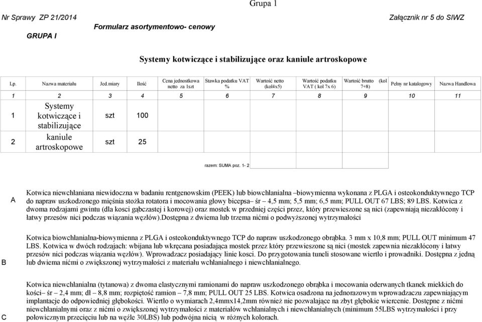 miary Ilość Pełny nr katalogowy Nazwa Handlowa netto za 1szt % (kol4x5) VAT ( kol 7x 6) 7+8) 1 2 3 4 5 6 7 8 9 10 11 Systemy 1 kotwiczące i szt 100 stabilizujące 2 kaniule artroskopowe szt 25 razem: