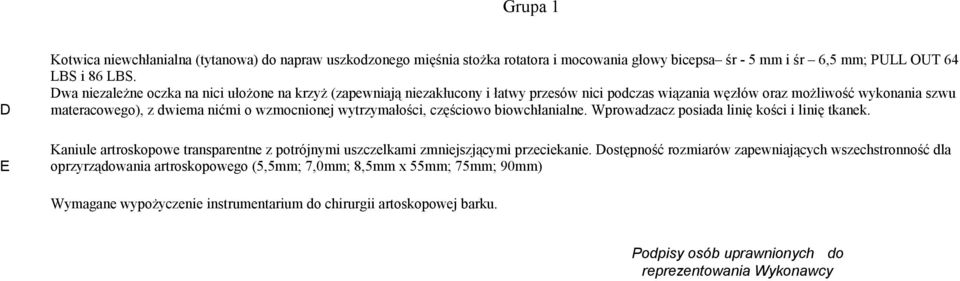 wytrzymałości, częściowo biowchłanialne. Wprowadzacz posiada linię kości i linię tkanek. Kaniule artroskopowe transparentne z potrójnymi uszczelkami zmniejszjącymi przeciekanie.