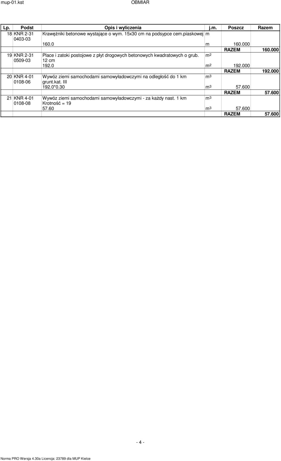 0509-03 12 c 192.0 192.000 20 KNR 4-01 Wywóz ziei saochodai saowyładowczyi na odległość do 1 k 0108-06 grunt.kat. III 192.0*0.
