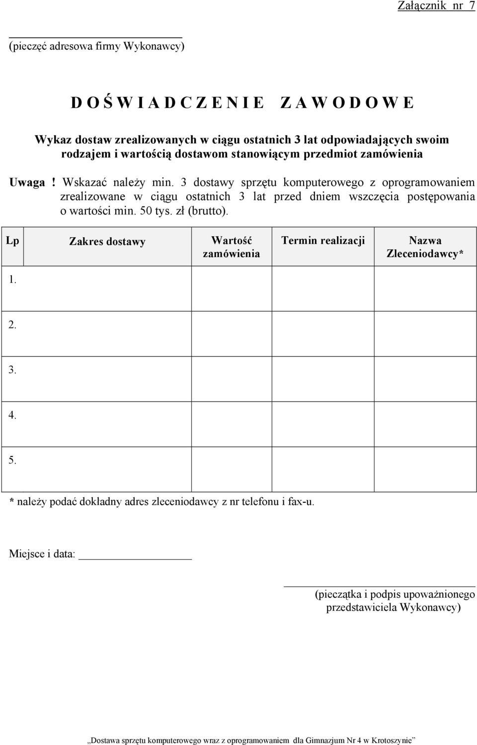 3 dostawy sprzętu komputerowego z oprogramowaniem zrealizowane w ciągu ostatnich 3 lat przed dniem wszczęcia postępowania o wartości min. 50 tys. zł (brutto).