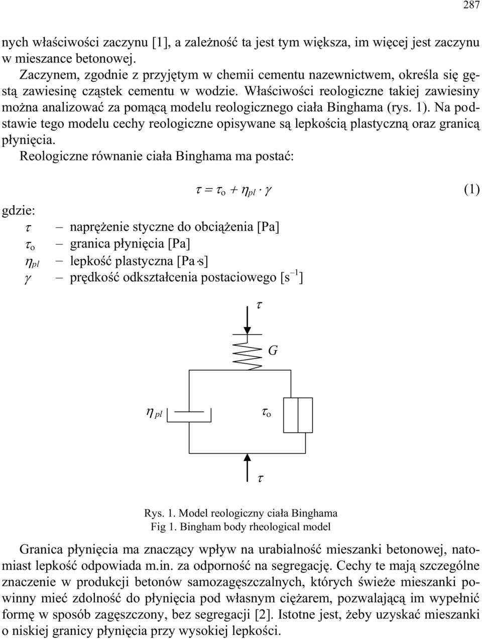 Właściwości reologiczne takiej zawiesiny można analizować za pomącą modelu reologicznego ciała Binghama (rys. 1).