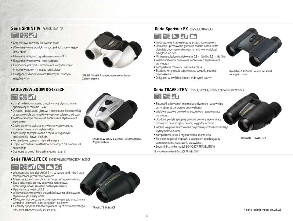 IV 8x21CF <srebrna/czarna metaliczna> Zdjęcie: srebrna Wodoszczelne i zabezpieczone przed zaparowaniem Obracane i przesuwane gumowe muszle oczne, które ułatwiają utrzymanie okularów lornetki we