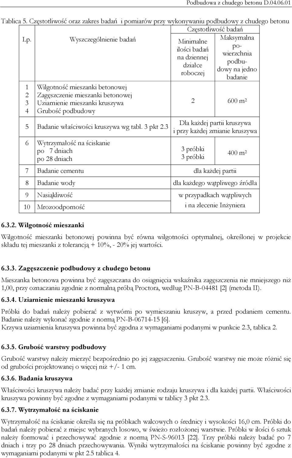 Uziarnienie mieszanki kruszywa Grubość podbudowy 5 Badanie właściwości kruszywa wg tabl. 3 pkt 2.