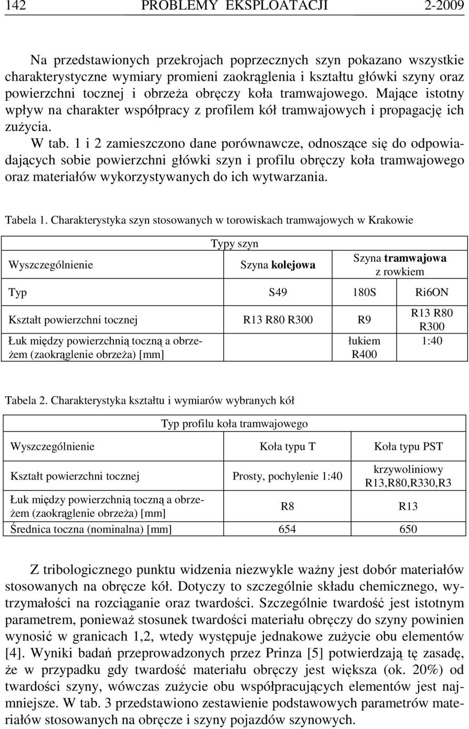 1 i 2 zamieszczono dane porównawcze, odnoszące się do odpowiadających sobie powierzchni główki szyn i profilu obręczy koła tramwajowego oraz materiałów wykorzystywanych do ich wytwarzania. Tabela 1.