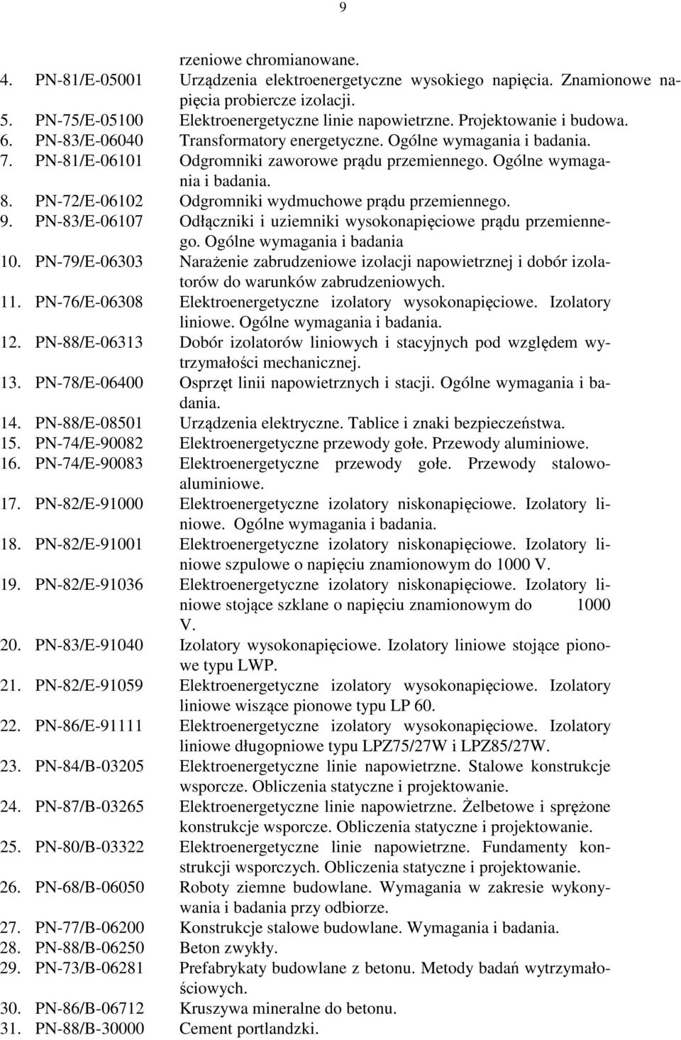 PN-72/E-06102 Odgromniki wydmuchowe prądu przemiennego. 9. PN-83/E-06107 Odłączniki i uziemniki wysokonapięciowe prądu przemiennego. Ogólne wymagania i badania 10.