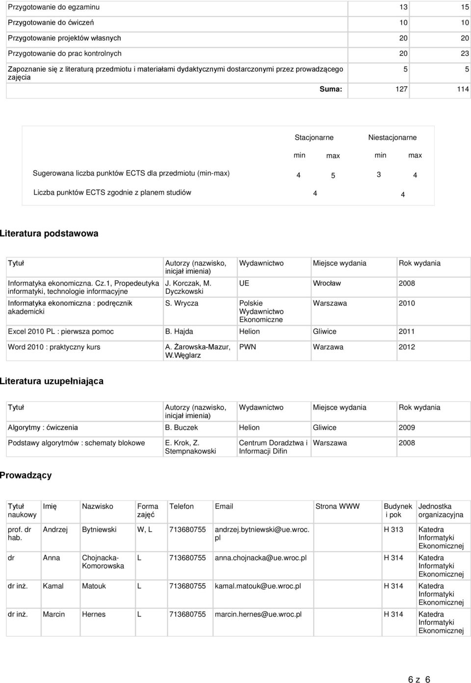 zgodnie z planem studiów 4 4 Literatura podstawowa Tytuł Informatyka ekonomiczna. Cz.