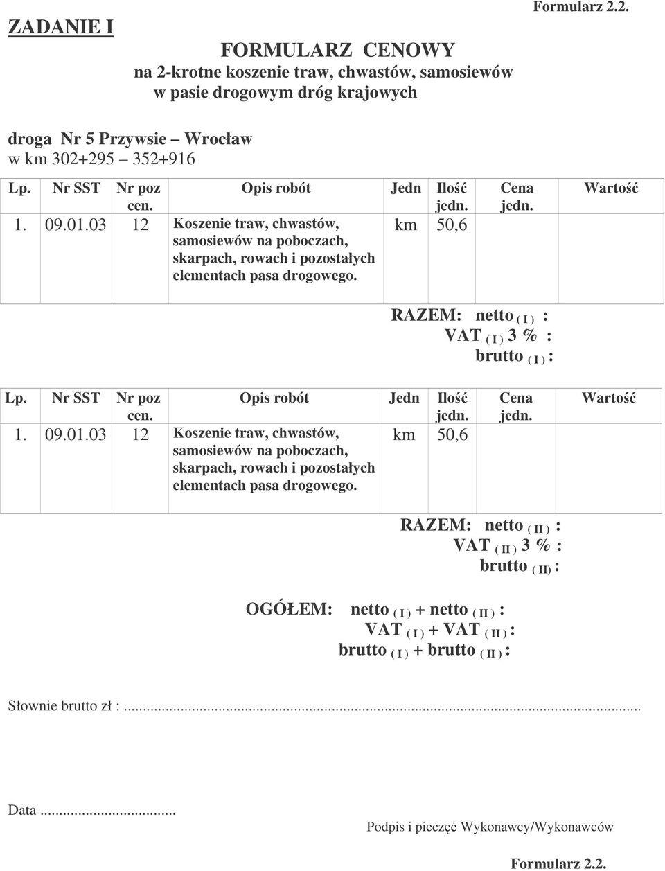 03 12 Koszenie traw, chwastów, km 50,6 skarpach, rowach i pozostałych RAZEM: netto ( I ) : VAT ( I ) 3 % : brutto ( I ) : 1.